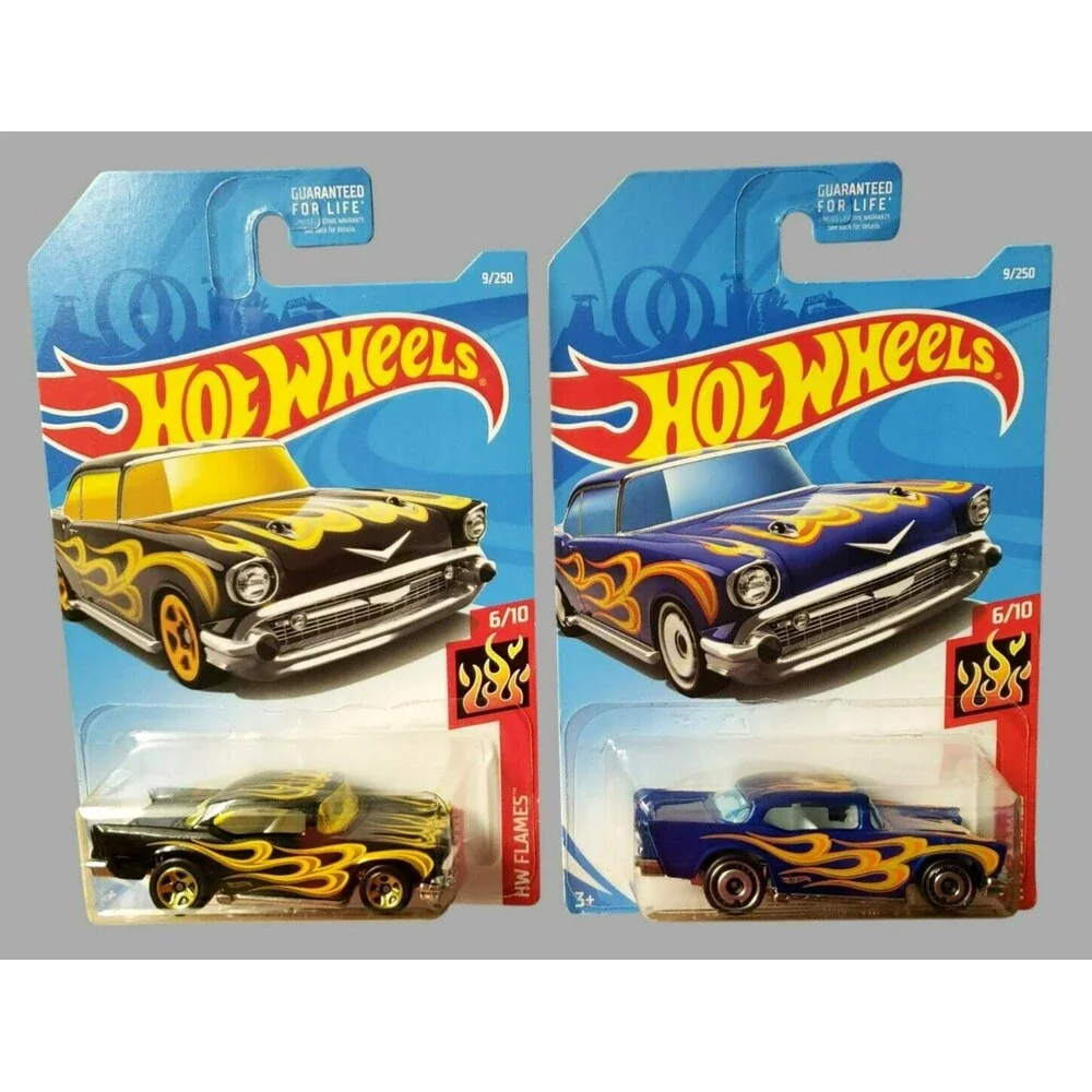 2019 Hot Wheels '57 CHEVY #9/250 Black & Dark Blue HW Flames #6/10 1:64 Lot Of 2